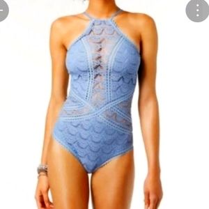 BECCA wedgewood blue crochet one piece swimsuit size S NWT